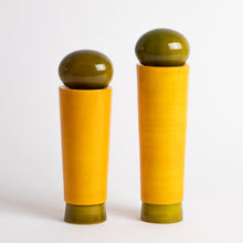Load image into Gallery viewer, salt_grinder_pepper_mill_channapatna_turned_wood_natural_dyes_built_editions-the-home-of-sustainable-things_yellow_tall_2